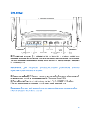 Page 6326 
 
Вид сзади  
 
(1) Поворотные антенны.
 Этот маршрутизатор поставляется с четырьмя поворотными 
внешними антеннами. Их необходимо подключить к маршрутизатору перед е\fо включением.  
Для подключения вставьте каждую антенну в порт антенны на маршрутизаторе и заверните 
по час ово\b стрелке.  
Примечание.  
Для наилучшей производительно\fти разме\fтите антенны 
вертикально, как показано на ри\fунке.  
(2) Кнопка настройки Wi
-Fi . Нажмите эту кнопку для настро\bки безопасности беспроводно\b 
сети для...