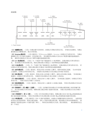 Page 6574 
 
前面板  
（1）电源指示灯：（白色）在路由器开启的同时，LED指示灯图标为常亮白色。 在每次启动期间，当路由
器切换为自诊断模式时，指示灯将闪烁。  
（2）Internet指示灯：（白色/琥珀色）当与Internet 连接时，Internet LED 指示灯为常亮白色。  当路由
器能够正常工作并建立连接时，其为闪烁白色。  常亮琥珀色LED指示灯表示由于配置问题而造成连接失
败。 琥珀色闪烁指示灯表示由于硬件问题而造成连接失败。  
（3）2.4 GHz指示灯：（白色）当一个或多个客户端连接至2.4 GHz网络时，无线LED 指示灯转为常亮白
色。 若LED 指示灯转为闪烁白色，则表示路由器正在通过2.4 GHz网络发送或接收数据。
 
