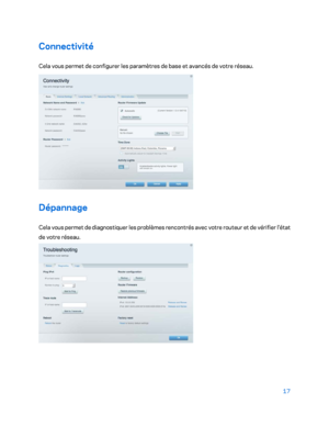 Page 6717 
 
Connectivité  
Cela vous permet de configurer les paramètres de base et avancés de votre réseau.  
 
Dépannage 
Cela vous permet de diagnostiquer les problèmes rencontrés avec votre routeur et de vérifier l'état 
de votre réseau.  
  