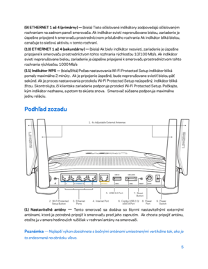 Page 6825 
 
(9) ETHERNET 1  až  4 (primárny)  — (biela) Tieto o číslované indikátory zodpovedajú očíslovaným 
rozhraniam na zadnom paneli smerovača. Ak indikátor svieti neprerušovane bielou, zariadenie je 
úspešne pripojené k  smerovaču prostredníctvom príslušného rozhrania Ak indikátor bliká bielou, 
označuje to sieťovú a ktivitu v tomto rozhraní.  
(10) ETHERNET 1  až 4 (sekundárny)  — (biela) Ak biely indikátor nesvieti, zariadenie je úspešne 
pripojené k smerovaču prostredníctvom tohto rozhrania rýchlosťou...