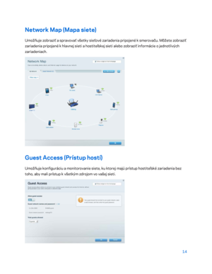 Page 69114 
 
Network  Map (Mapa siete)  
Umožňuje zobraziť a  spravovať všetky sieťové zariadenia pripojené k  smerovaču. Môžete zobraziť 
zariadenia pripojené k  hlavnej sieti a  hostiteľskej sieti alebo zobraziť informácie o  jednotlivých 
zariadeniach.  
 
Guest Access (Prístup hostí)  
Umožňuje konfiguráciu a monitorovanie  siete, ku ktorej majú prístup hostiteľské zariadenia bez 
toho, aby mali prístup k  všetkým zdrojom vo vašej sieti.  
  
