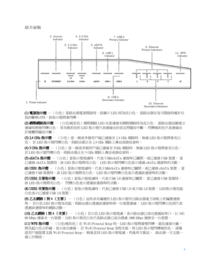 Page 7564
 
  前方面板  
 
(1)  電源指示燈  — （白色）當路由器電源開啟時，該圖示  LED 則為亮白色。  當路由器在每次開啟時處於自
我診斷模式時，該指示燈將會閃爍。  
(2)  網際網路指示燈  —
  （白色/ 琥珀色）網際網路  LED 在當連線至網際網路時為亮白色。  當路由器試圖建立
連線時將會閃爍白色。  常亮琥珀色的  LED 指示燈代表連線由於設定問題而中斷。  閃爍琥珀色代表連線由
於硬體問題而中斷。  
(3) 2.4 GHz  指示燈 — （白色）當一個或多個用戶端已連線至  2.4 GHz 網路時，無線  LED 指示燈將會亮白
色。
  若 LED  指示燈閃爍白色，則路由器正在  2.4 GHz 網路上傳送或接收資料。  
(4) 5 GHz  指示燈 — （白色）當一個或多個用戶端已連線至  5GHz 網路時，無線  LED 指示燈將會亮白色。  
若
 LED  指示燈閃爍白色，則路由器正在  5 GHz 網路上傳送或接收資料。  
(5) eSATA  指示燈 — （白色）當指示燈熄滅時，代表  USB/eSATA 連接埠已關閉，或已連接  USB...