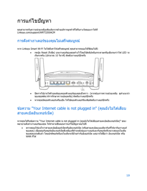 Page 79519 
 
การแก ้ไขปัญหา  
คุณสามารถรับความช ่
วยเหล ือเพ ิ่มเต ิมจากฝ่ ายบร ิการลูกค ้าท ี่ได ้รับรางวัลของเราได ้ท ี่ 
Linksys.com/support/WRT3200ACM  
การตั ้งค่าเราเตอร์ของคุณไม่เสร็จสมบูรณ์  
หาก Linksys Smart Wi -Fi  ไม่ได ้ตั ้งค ่าให ้เสร็จสมบูรณ์ ค ุณสามารถลองใช ้
ว ิธ ีต ่อไปนี้:  
•  
ก ด ป ุ่ ม   Reset (รีเซ็
ต)  บนเราเตอร์ของคุณค ้างไว ้โดยใช ้
คล ิปหนีบกระดาษหรือเข็มจนกว่าไฟ  LED จะ
เร ิ่มกะพร ิบ (ประมาณ 10 ว ินาที) ต ิดตั ้งเราเตอร์ อ ีก ค รั ้ง 
 
•  
ปิ ดการใช ้
งานไฟร์วอลล ์ของคอมพ...