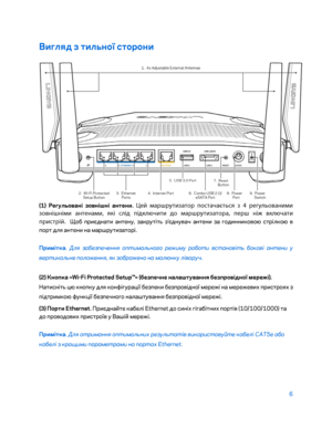 Page 8326 
 
Вигляд з тил\bної \fторони  
 
(1)
 Регул\bовані зовнішні антени. Цей маршрутизатор постачається з 4 регу\fьованими 
зовнішніми антенами, я\bі с\fід під\b\fючити до маршрутизатора, перш ніж в\b\fючати 
пристрій.
  Що\b приєднати антену, закрутіт\f з’єднувач антени за годинниковою стрілкою в 
порт для антени на маршрутизаторі.  
Примітка . Для забезпечення оптимального режиму роботи \fс тано\fіть боко\fі антени у 
\fертикальне положення, як зображено на мал\bнку лі\fоруч.
 
(2) Кнопка «Wi -Fi...