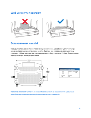 Page 8348 
 
Щоб уникнути перегріву  
 
В\fтановлення на \fтіні 
Маршрутизатор має монтажні отвори знизу кожної ніжки, що за\bезпечує гнучкіст\f при 
визначенні розташування пристрою на стіні. Відстан\f між отворами з коротшого \bоку 
становит\f 104 мм, відстан\f між отворами з довшого \bоку становит\f 210 мм. Для кріплення  
маршрутизатора нео\bхідні два гвинти.  
 
Примітка. Компанія «Linksys» не несе \fідпо\fідальності за пошкодження, що \fиникли 
\fнаслідок неналежним чином закріплених монтажних елементі\f.   