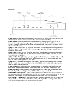 Page 8564 
 
Mặ t trư ớc 
 
(1) Đèn nguồn—(Tr ắng) B iểu tư ợng này sáng  ổn đị nh màu tr ắng khi bộ đị nh tuyến đư ợc b ật nguồn. Nó 
sẽ  nhấ p nháy khi bộ đị nh tuyến chạ y qua chế độ tự chẩ n đoán mỗi lầ n khở i động. 
(2) Đèn Internet —(Trắng/Hổ  phách) Đèn LED Internet sáng  ổn đị nh màu tr ắng khi đư ợc kế t nối v ới 
Internet. Nó s ẽ nhấ p nháy màu tr ắng trong khi bộ đị nh tuyến thi ết l ập k ết n ối. Đèn LED sáng  ổn đị nh màu 
hổ  phách cho bi ết đã m ất k ết n ối do v ấn đ ề cấu  hình. Đèn nhấ p nháy...