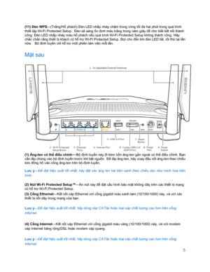 Page 8575 
 
(11) Đèn WPS —(Trắng/Hổ  phách) Đèn LED nhấ p nháy chậm trong vòng t ối đa hai phút trong quá trình 
thi ết l ập W i -Fi Protect ed Setup.  Đèn s ẽ sáng  ổn đị nh màu tr ắng trong năm giây để  cho biết k ết n ối thành 
công. Đèn LED nhấ p nháy màu hổ phách nếu quá trình Wi- Fi Protected Setup không thành công. Hãy 
chắ c ch ắn r ằng thi ết b ị khách có h ỗ trợ  Wi -Fi Protected Setup. Đ ợi cho đế n khi đèn LED t ắt, r ồi th ử lạ i lần 
nữ a.   B ộ định tuy ến ch ỉ hỗ  trợ mộ t phiên làm việ c mỗi l...