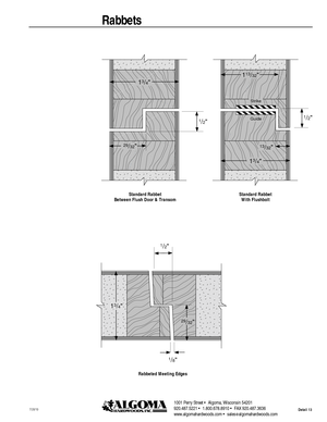 Page 131001 Perry Street • Algoma, Wisconsin 54201
920.487.5221 • 1.800.678.8910 • FAX 920.487.3636
www.algomahardwoods.com • sales
@algomahardwoods.comDetail 137/20/10
Rabbets
Standard Rabbet 
Between Flush Door & Transom
Rabbeted Meeting Edges 
1/2  
13/4  
29/32  
1/2  
13/4  
Strike
Guide
113/32  
13/32  
1/2  
1/8  
1
3/4  
29/32  
Standard Rabbet 
With Flushbolt 