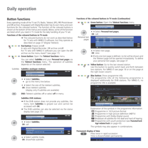 Page 26- 26
Daily operation
Button functions
Every operating mode of the TV set (TV, Radio, Teletext, EPG, PIP, PhotoViewer 
and DR archive, if equipped with Digital Recorder) has its own menu and own 
functions for the coloured buttons. The function of the coloured buttons is 
shown at the bottom of the menus and wizards. Below, some of the function 
are listed which you need in TV mode for the daily handling of your TV set.
Functions of the coloured buttons in TV mode
➠  The coloured buttons do not work as...