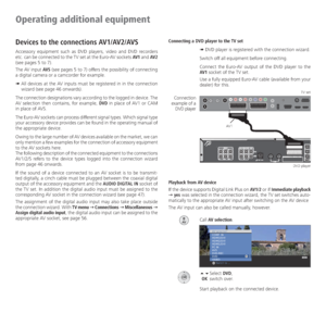Page 48- 48
Operating additional equipment
Devices to the connections AV1/AV2/AVS
Accessory equipment such as DVD players, video and DVD recorders 
etc. can be connected to the TV set at the Euro-AV sockets AV1 and AV2 
(see pages 5 to 7).
The AV input AVS (see pages 5 to 7) offers the possibility of connecting 
a digital camera or a camcorder for example.
➠  All devices at the AV inputs must be registered in in the connection 
wizard (see page 46 onwards).
The connection designations vary according to the...