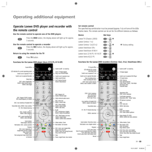 Page 3939 -
Operating additional equipment
Set remote control
The specified key combination must be pressed (approx. 5 s) until one of the LEDs  
flashes twice. The remote control can be set for the different devices as follows:
Device    Hot keys
Loewe TV (Chassis L2650) 
 +  