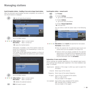 Page 2727 -
Search for/update stations – handling of new and no longer found stations
After the automatic search/update has been completed, the number of 
new found stations is displayed.
 OK  List of newly found stations.
Select station.
Yellow button:  Mark / unmark station
Blue button:  Mark / unmark all
 OK  saves the marked station.
Afterwards, if available, a list of the stations which are 
stored but temporarily not broadcasting or which no 
longer exist is displayed. 
The number of the used memory...