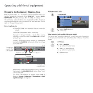 Page 50- 50
Operating additional equipment
Devices to the Component IN connection
DVD players/recorders or a Set-Top-Box with Component Video con-
nections can also be connected to the Cb/Pb Cr/Pr Y sockets (SD/HD-
COMPONENT) of the TV set instead of to the EURO-AV sockets.
The connecting cable with three cinch plugs each transfers the picture 
information with a better quality than a EURO-AV cable. You need another 
cable for the sound transmission.
Connecting the device
➠  Device to COMP. IN is registered...