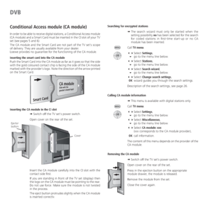 Page 40- 40
DVB
Conditional Access module (CA module)
In order to be able to receive digital stations, a Conditional Access module 
(CA module) and a Smart Card must be inserted in the CI slot of your TV 
set (see pages 5 and 6). 
The CA module and the Smart Card are not part of the TV set's scope 
of delivery. They are usually available from your dealer. 
Loewe provides no guarantee for the functioning of the CA module.
Inserting the smart card into the CA module
Push the Smart Card into the CA module as...