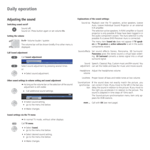 Page 20- 20
Daily operation
Adjusting the sound
Switching sound on/off
Sound off;
Sound on:  Press button again or set volume V+.
Setting the volume
V+/V– Volume louder / quieter.
The volume bar will be shown briefly if no other menu is 
displayed.
Call Sound adjustment
Call Sound adjustment.
Select sound adjustment by pressing several times.
or:
 Select sound adjustment.
Other sound settings in volume setting and sound adjustment
➠  As long as the volume bar or the selection of the sound 
adjustment is...