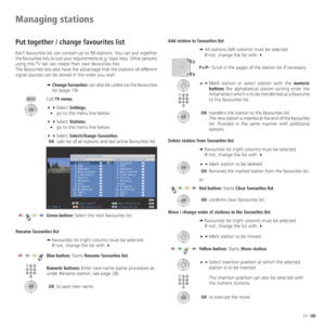 Page 2929 -
Managing stations
Put together / change favourites list
Each favourites list can contain up to 99 stations. You can put together 
the favourites lists to suit your requirements (e.g. topic lists). Other persons 
using this TV set can create their own favourites lists. 
The favourites lists also have the advantage that the stations of different 
signal sources can be stored in the order you wish.
➠  Change favourites can also be called via the favourites 
list (page 19).
Call TV menu.
  Select...