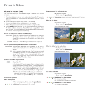 Page 30- 30
Picture in Picture (PIP)
The concurrent display of two different images is referred to as Picture 
in Picture.
➠  The coloured buttons do not work as described below for TV sets with 
MHEG-5 software, but they operate as described on page 36 (Digital 
Teletext).
➠ 
A concurrent display of two HDTV signals is not possible.
➠ A concurrent display of two coded stations is not possible.
➠ Picture change and station selection is restricted during recording.
➠ In sets without Digital Recorder, the PIP...