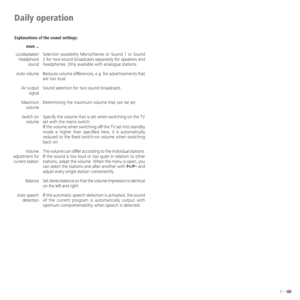 Page 2121 -
Daily operation
Explanations of the sound settings:
Selection possibility Mono/Stereo or Sound 1 or Sound 
2 for two-sound broadcasts separately for speakers and 
headphones. Only available with analogue stations.
Reduces volume differences, e.g. for advertisements that 
are too loud.
Sound selection for two sound broadcasts.
Determining the maximum volume that can be set.
Specify the volume that is set when switching on the TV 
set with the mains switch. 
If the volume when switching off the TV set...