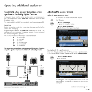Page 41
41	-

Connecting other speaker systems or active 
speakers to the Dolby Digital Decoder
If	you	 want	 to	use	 another	 similar	speaker	system	or	 active	 speakers,	you	can	connect	 these	to	the	AUDIO LINK	interface	 of	the	 TV	set	 with	an	adapter	cable.
The	adapter 	cable 	is 	available 	from 	your 	dealer 	(see 	Accessories, 	page 	55).
Connecting
Before 	connecting 	any 	devices 	ensure 	that 	they 	are 	switched 	off 	or	unplug	their	mains	plug.
Plug	 the	adapter	 cable	into	the	AUDIO LINK interface...