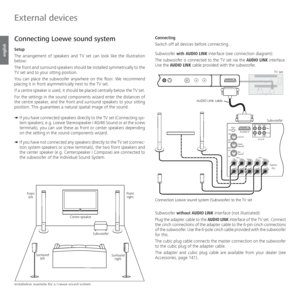 Page 118- 118
english
Connecting
Switch off all devices before connecting.
Subwoofer with AUDIO LINK interface (see connection diagram):
The subwoofer is connected to the TV set via the AUDIO LINK interface. 
Use the AUDIO LINK cable provided with the subwoofer.
Subwoofer without AUDIO LINK interface (not illustrated):
Plug the adapter cable to the AUDIO LINK interface of the TV set. Connect 
the cinch connections of the adapter cable to the 6-pin cinch connections 
of the subwoofer. Use the 6-pole cinch cable...