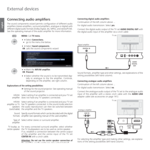 Page 122- 122
english
AUX IN
R
L
SR
R
SUB
C
L
SL
DIGITAL IN
Connecting digital audio amplifiers
Continuation of the left column above ...
For digital audio transmission: Select yes.
Connect the digital audio output of the TV set AUDIO DIGITAL OUT with 
the digital audio input of the amplifier via a cinch cable:
Sound formats, amplifier type and other settings, see explanations of the 
setting possibilities (left hand column).
Connecting analogue audio amplifiers
Continuation of the left column above ...
For...