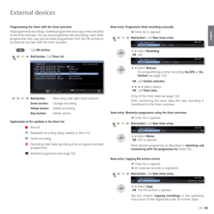 Page 125125 -
english
 Programming the timer with the timer overview
All programmed recordings, marked programmes and copy orders are listed 
in the timer overview. You can also programme new recordings, mark other 
programmes and copy pre-recorded programmes from the DR archive to 
an external recorder with the timer overview.
Call DR-archive.
Red button:  Call Timer list.
Red button:  New entry (see right hand column).
Green button: Change recording.
Yellow button: Delete recording.
Blue button: Delete memo....