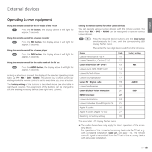 Page 127127 -
english
  Operating Loewe equipment
Using the remote control for the TV mode of the TV set
Press the  TV button, the display above it will light for 
approx. 5 seconds.
Using the remote control for a Loewe recorder
Press the  REC button, the display above it will light for 
approx. 5 seconds.
Using the remote control for a Loewe player
Press the  DVD button, the display above it will light for 
approx. 5 seconds.
Using the remote control for the radio mode of the TV set
Press the  AUDIO button, the...