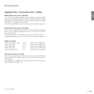 Page 141141 -
english
  Upgrade Kits / Conversion Kits / Cables
Module DVB-S2 Twin (Art.No. 70286.080):
You can have two digital satellite tuners installed in sets with Digital 
Recorder. This enables reception of digital satellite and HDTV stations 
and extends the display of PIP and the recording possibilities of Digital 
Recorder for two digital satellite stations.
The retrofit possibilities for your set can be found in the table on page 142.
Module DVB-T2/C Twin (Art.No 70914.080):
For sets with a Digital...