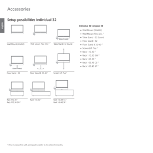 Page 144- 144
english
  Setup possibilities Individual 32
Individual 32 Compose 3D
• Wall Mount (WM62)
• Wall Mount Flex 32 L 
(1
• Table Stand I 32 Sound
• Floor Stand I 32
• Floor Stand 8 32-40 
(1
• Screen Lift Plus (1
• Rack 110.30 (1
• Rack 110.30 SW (1
• Rack 165.30 (1
• Rack 165.45 CS (1
• Rack 165.45 SP (1
Wall Mount (WM62)
Screen Lift Plus
 (1
Wall Mount Flex 32 L (1Table Stand I 32 Sound 
Floor Stand 8 32-40
 (1
Rack 165.45 CS (1
Rack 165.45 SP (1Rack 165.30 (1
Floor Stand I 32
Rack 110.30 (1
Rack...