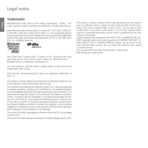 Page 146- 146
english
Legal notes
Trademarks
Manufactured under licence from Dolby Laboratories. “Dolby”, “Pro 
Logic” and the double-D symbol are trademarks of Dolby Laboratories. 
Manufactured under license under U.S. Patent #’s: 5,451,942; 5,956,674; 
5,974,380; 5,978,762; 6,487,535 & other U.S. and worldwide patents 
issued & pending. DTS and DTS Digital Surround are registered trademarks 
and the DTS logos and Symbol are trademarks of DTS, Inc. © 1996-2007 
DTS, Inc. All Rights Reserved.
The screen font...