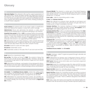 Page 147147 -
english
0-9
24p movie display: Films released on Blu-ray Disc support presentation of 
24p cinema films. The Blu-ray player transfers the original film format to 
the television with 24 frames per second. The DMM (DigitalMovieMode) 
set in the factory calculates and inserts additional intermediate pictures, 
which suppress film jerking typical for the cinema, thereby providing for 
a smooth motion sequence.
A
Active antenna: An antenna with its own power supply or amplification 
which can improve...