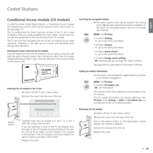 Page 6161 -
english
  Conditional Access module (CA module)
In order to receive coded digital stations, a Conditional Access module 
( CA module) and a Smart Card must be inserted in the  CI slot of your TV 
set (see page 11). 
The CA module and the Smart Card are not part of the TV set’s scope 
of delivery. They are usually available from your dealer. Loewe does not  
provide any guarantee for the functioning of the CA module.
The TV set must first recognise and set up the CA module during initial 
operation....