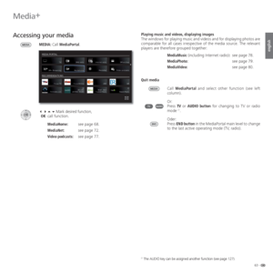 Page 6363 -
english
Media+
  Accessing your  media
MEDIA: Call MediaPortal.
    Mark desired function,
 OK call function.
  MediaHome:  see page 68.
  MediaNet: see page 72.
  Video podcasts: see page 77.Playing music and videos, displaying images
The windows for playing music and videos and for displaying photos are 
comparable for all cases irrespective of the media source. The relevant 
players are therefore grouped together:
MediaMusic (including Internet radio):  see page 78.
MediaPhoto: see page 79....