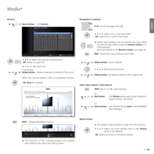 Page 7373 -
english
 Navigation in websites
P+/P– Scroll the page vertically.
   Select link or text input field,
 OK  open link or confirm text input.
➠  
Letters and numbers can be entered into input fields 
on Internet sites either using the numeric buttons or a 
USB keyboard. 
  Same procedure as for Rename station, see page 46.
END: Cancel text input and exit input field.
Yellow button: Zoom website.
 Move picture section.
Yellow button: Re-display website at the original size.
Select other...