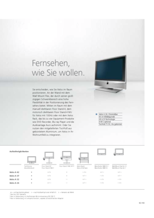 Page 9392 / 93
Fernsehen,   
wie Sie wollen.
Xelos A 26, Chromsilber
66 cm Bilddiagonale
HD-LCD-Technologie
DVB-S optional
Tischfuß TS 55, Alu gebürstet
Sie entscheiden, wie Sie Xelos im Raum 
positionieren. An der Wand mit dem   
Wall Mount Flex, der durch seinen groß-
zügigen Schwenkbereich eine hohe 
  Flexibilität in der Positionierung des Fern-
sehers bietet. Mitten im Raum mit dem 
manuell drehbaren Floor Stand 4, dem 
motorisch drehbaren Floor Stand   4  MU   
für Xelos mit 100Hz oder mit dem Xelos...