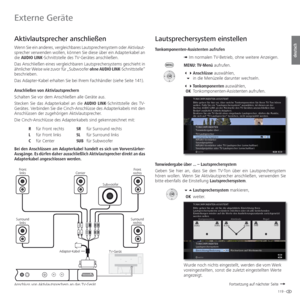 Page 119119 -
deutsch
   
Aktivlautsprecher anschließen
Wenn Sie ein anderes, vergleichbares Lautsprechersystem oder Aktivlaut-
sprecher verwenden wollen, können Sie diese über ein Adapterkabel an 
die AUDIO LINK-Schnittstelle des TV-Gerätes anschließen. 
Das Anschließen eines vergleichbaren Lautsprechersystems geschieht in 
ähnlicher Weise wie zuvor für „Subwoofer ohne AUDIO LINK-Schnittstelle“ 
beschrieben.
Das Adapter-Kabel erhalten Sie bei Ihrem Fachhändler (siehe Seite 141).
Anschließen von...