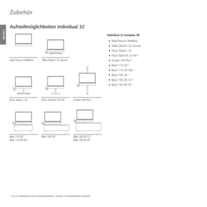 Page 144- 144
deutsch
  Aufstellmöglichkeiten Individual 32
Individual 32 Compose 3D
• Wall Mount (WM62)
• Table Stand I 32 Sound
• Floor Stand I 32
• Floor Stand 8 32-40 
(1
• Screen Lift Plus (1
• Rack 110.30 (1
• Rack 110.30 SW (1
• Rack 165.30 (1
• Rack 165.45 CS (1
• Rack 165.45 SP (1
(1 Nur in Verbindung mit entsprechendem, separat zu beziehendem Adapter.
Wall Mount (WM62)
Screen Lift Plus
 (1
Table Stand I 32 Sound 
Floor Stand 8 32-40
 (1
Rack 165.45 CS (1
Rack 165.45 SP (1Rack 165.30 (1
Floor Stand I...