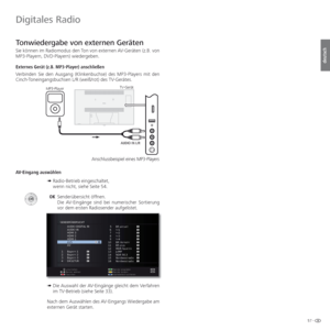 Page 5757 -
deutsch
  Tonwiedergabe von externen Geräten
Sie können im Radiomodus den Ton von externen AV-Geräten (z.B. von 
MP3-Playern, DVD-Playern) wiedergeben.
Externes Gerät (z.B. MP3-Player) anschließen
Verbinden Sie den Ausgang (Klinkenbuchse) des MP3-Players mit den 
Cinch-Toneingangsbuchsen L/R (weiß/rot) des TV-Gerätes.
AV-Eingang auswählen
➠  Radio-Betrieb eingeschaltet,
wenn nicht, siehe Seite 54.
 OK Senderübersicht öffnen.
   Die AV-Eingänge sind bei numerischer Sortierung 
vor dem ersten...
