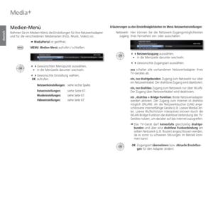 Page 64- 64
deutsch
Media+
   
Medien-Menü
Nehmen Sie im Medien-Menü die Einstellungen für Ihre Netzwerkadapter 
und für die verschiedenen Medienarten (Foto, Musik, Video) vor.
➠  MediaPortal ist geöffnet.
MENU: Medien-Menü aufrufen / schließen.
  Gewünschten Menüpunkt auswählen,
   in die Menüzeile darunter wechseln.
  Gewünschte Einstellung wählen,
 OK aufrufen.
  Netzwerkeinstellungen:  siehe rechte Spalte.
  Fotoeinstellungen:  siehe Seite 67.
  Musikeinstellungen: siehe Seite 67.
  Videoeinstellungen:...