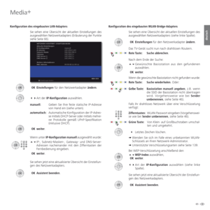 Page 6565 -
deutsch
Media+
Konfiguration des eingebauten LAN-Adapters
Sie sehen eine Übersicht der aktuellen Einstellungen des 
ausgewählten Netzwerkadapters (Erläuterung der Punkte 
siehe Seite 66).
 OK Einstellungen für den Netzwerkadapter ändern.
  Art  der IP-Konfiguration auswählen.
manuell:  Geben Sie Ihre feste statische IP-Adresse 
von Hand ein (siehe unten).
automatisch:  Automatische Konfiguration der IP-Adres-
se mittels DHCP-Server oder mittels mehre-
rer Protokolle gemäß UPnP-Spezifikation...