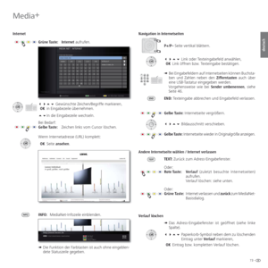 Page 7373 -
deutsch
  Internet
Grüne Taste: Internet aufrufen.
   Gewünschte Zeichen/Begriffe markieren,
 OK  in Eingabezeile übernehmen.
  In die Eingabezeile wechseln.
Bei Bedarf:
Gelbe Taste: Zeichen links vom Cursor löschen.
Wenn Internetadresse (URL) komplett:
 OK  Seite ansehen.
INFO: MediaNet-Infozeile einblenden.
➠  Die Funktion der Farbtasten ist auch ohne eingeblen-
dete Statuszeile gegeben. Navigation in Internetseiten
P+/P– Seite vertikal blättern.
   Link oder Texteingabefeld...
