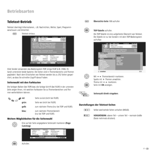 Page 1717 -  
Betriebsarten
Teletext-Betrieb
Teletext überträgt Informationen,  z.B. Nachrichten, Wetter, Sport, Programm-
vorschauen und Untertitel.
Teletext ein/aus.
TEXT
Viele Sender verwenden das Bediensystem TOP, einige FLOF (z.B. CNN). Ihr 
Gerät unterstützt beide Systeme. Die Seiten sind in Themenbereiche und Themen 
gegliedert. Nach dem Einschalten von Teletext werden bis zu 252 Seiten gespei-
chert, so dass Sie schnellen Zugriff darauf haben.
Seitenwahl mit den Farbtasten
Die farbigen Balken (bei TOP)...