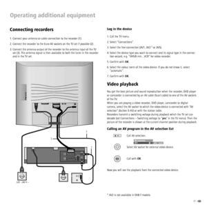 Page 2121 -  
Operating additional equipment
Connecting recorders
Connect your antenna or cable connection to the recorder (1).
Connect the recorder to the Euro-AV sockets on the TV set if possible (2).
Connect the antenna output of the recorder to the antenna input of the TV 
set (3). The antenna signal is then available to both the tuner in the recorder 
and in the TV set.
ENTREE
ANTENNE
EURO AV2
DECODER
EURO AV1
AUDIO/
VIDEOSORTIE
ANTENNEAERIAL
RF OUT SORTIE
GL
D
R OUT AUDIO
220 - 240 V ~
3
1
2
1.
2.
3.
Log...