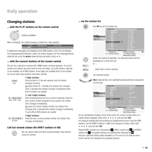 Page 1515 -  
Changing stations
... with the P+/P- buttons on the remote control
Stations up/down
When changing, the station display is visible for a few seconds.
If additional languages are broadcast with DVB stations, then the set displays 
the language/sound selection under the station display. Call the language/sound 
selection by using the green coloured key and select using .
... with the numeric buttons of the remote control
The set has a dynamic memory with 1680 station memory locations. If up to 9...