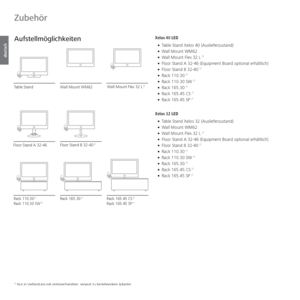 Page 116- 116
deutsch
 AufstellmöglichkeitenXelos 40 LED•  Table Stand Xelos 40 (Auslieferzustand)
•  Wall Mount WM62
•  Wall Mount Flex 32 L 
(1
• Floor Stand A 32-46 (Equipment Board optional erhältlich)
•  Floor Stand 8 32-40 (1
• Rack 110.30 (1
• Rack 110.30 SW (1
• Rack 165.30 (1
• Rack 165.45 CS (1
• Rack 165.45 SP (1
Xelos 32 LED
•  Table Stand Xelos 32 (Auslieferzustand)
•  Wall Mount WM62
•  Wall Mount Flex 32 L 
(1
• Floor Stand A 32-46 (Equipment Board optional erhältlich)
•  Floor Stand 8 32-40 (1
•...