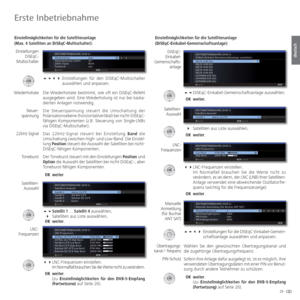 Page 2525 -
deutsch
 Einstellmöglichkeiten für die Satellitenanlage 
(Max. 4 Satelliten an DiSEqC-Multischalter):  Einstellungen für den DiSEqC-Multischalter 
auswählen und anpassen.
  Die Wiederholrate bestimmt, wie oft ein DiSEqC-Befehl 
ausgegeben wird. Eine Wiederholung ist nur bei kaska-
dierten Anlagen notwendig.
Die Steuerspannung steuert die Umschaltung der 
Polarisationsebene (horizontal/vertikal) bei nicht-DiSEqC-
fähigen Komponenten (z.B. Steuerung von Single-LNBs 
via DiSEqC-Multischalter)....