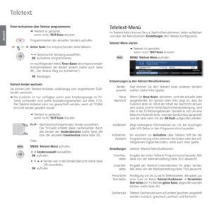 Page 48- 48
deutsch
 Timer-Aufnahmen über Teletext programmieren➠  Teletext ist gestartet,
wenn nicht, TEXT-Taste drücken.
Pro gramm sei ten des aktuellen Senders aufrufen.
Grüne Taste: Zur entsprechenden Seite blättern.
   Gewünschte Sendung auswählen,
  OK Aufnahme programmieren.
Im nachfolgenden Menü  Timer-Daten die entsprechenden 
Aufnahmedaten bei Bedarf ändern (siehe auch Seite 
99, „Der direkte Weg zur Aufnahme“).
 OK Bestätigen.
Teletext-Sender wechseln
Sie können den Teletext-Anbieter unabhängig...