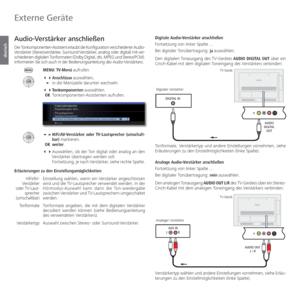 Page 98- 98
deutsch
Digitale Audio-Verstärker anschließen
Fortsetzung von linker Spalte ...
Bei digitaler Tonübertragung: ja auswählen.
Den digitalen Tonausgang des TV-Gerätes AUDIO DIGITAL OUT über ein 
Cinch-Kabel mit dem digitalen Toneingang des Verstärkers verbinden:
Tonformate, Verstärkertyp und andere Einstellungen vornehmen, siehe 
Erläuterungen zu den Einstellmöglichkeiten (linke Spalte).
Analoge Audio-Verstärker anschließen
Fortsetzung von linker Spalte ...
Bei digitaler Tonübertragung: nein...