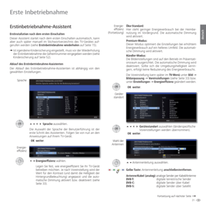 Page 2121 -
deutsch
Öko-Standard:
Hier steht geringer Energieverbrauch bei der Heimbe-
nutzung im Vordergrund. Die automatische Dimmung 
wird aktiviert.
Premium-Modus:
Dieser Modus optimiert die Einstellungen bei erhöhtem 
Energieverbrauch auf ein helleres Umfeld. Die automati-
sche Dimmung wird aktiviert.
Händler-Modus:
Die Bildeinstellungen sind auf den Betrieb im Präsentati-
onsraum ausgerichtet. Die automatische Dimmung wird 
deaktiviert. Sollte sich die Umgebungshelligkeit verrin-
gern, erfolgt keine...