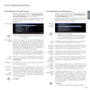 Page 2323 -
deutsch
 Einstellmöglichkeiten für den DVB-C-Empfang:Falls Sie in der Auswahl der Antennen keine DVB-C-
Antenne gewählt haben: Weiter zu  Einstellmöglichkeiten 
für den DVB-S-Empfang (siehe rechte Spalte).
Die gebräuchlichen DVB-C-Einstellungen werden aus der 
Wahl des Gerätestandortes abgeleitet und müssen nicht 
geändert werden. 
   Einstellungen für den DVB-C-Empfang auswäh-
len und anpassen.
  Sie können angeben, ob bei der Suche/Aktualisierung 
verschlüsselte Sender gesucht werden sollen....